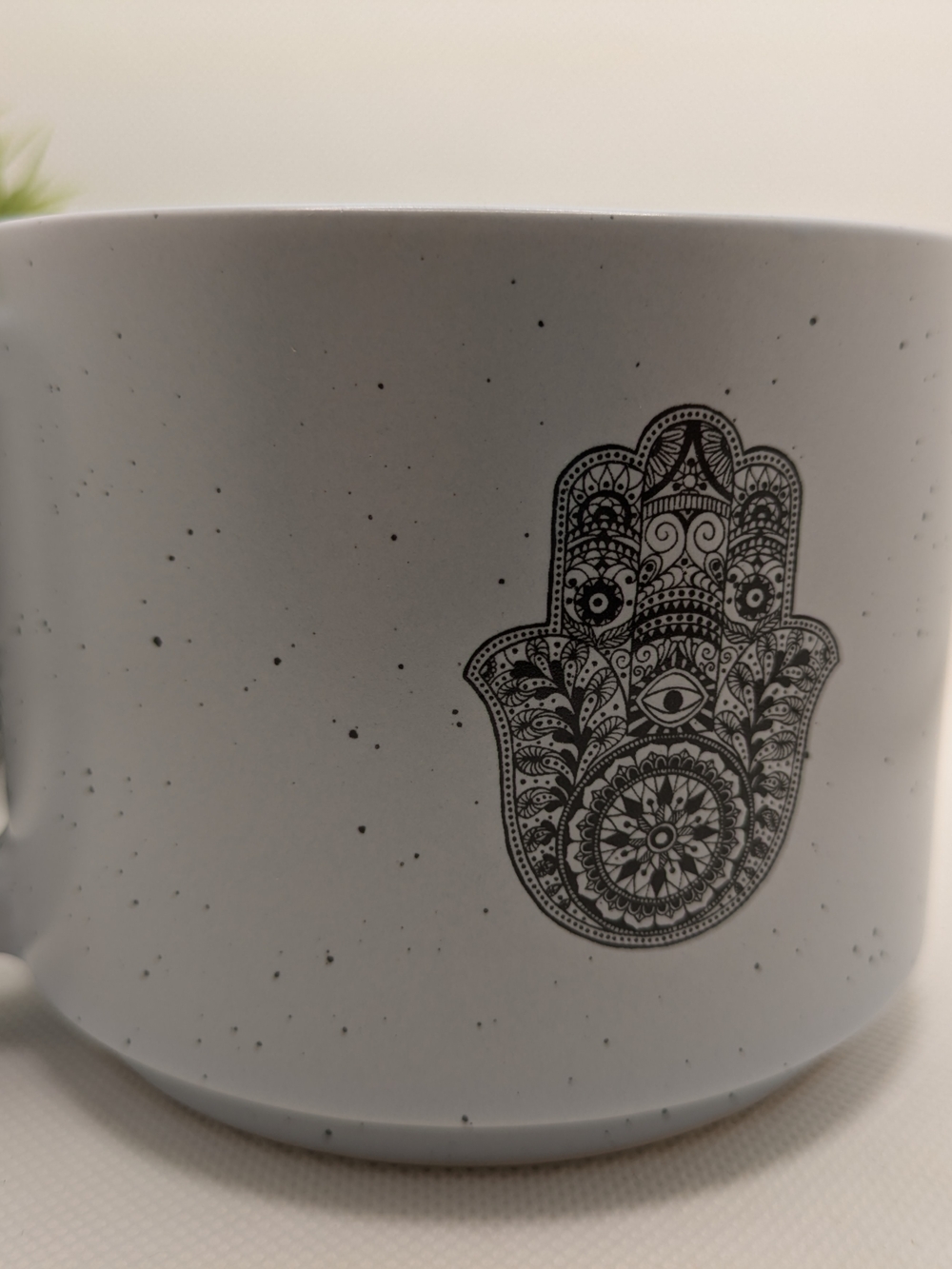 Speckled Gray Ceramic Mug with Hamsa Hand Design